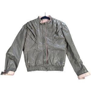 VTG Florence Tanners Gray Pink Leather Jacket Womens Sz 5 6 Bomber Korea